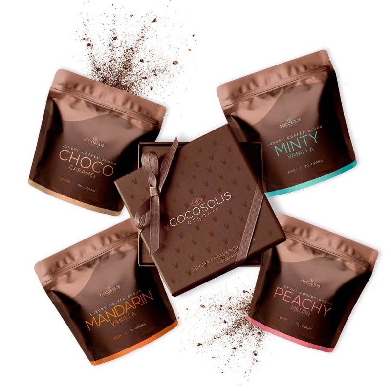 Cocosolis Luxury Coffee Scrub Box Cutie de lux cu 4 scrub-uri naturale organice - 3 pentru corp și 1 pentru față Volum 4 x 70 g