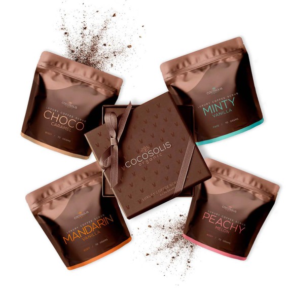 Cocosolis Luxury Coffee Scrub Box Cutie de lux cu 4 scrub-uri naturale organice - 3 pentru corp și 1 pentru față