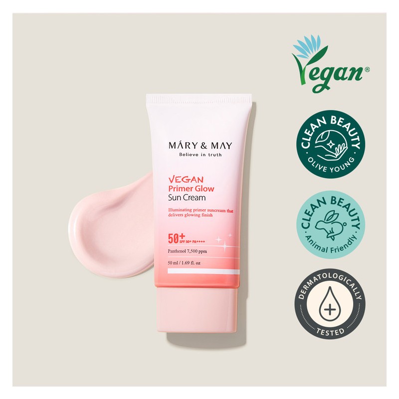 Mary & May Vegan Primer Glow Sun Cream SPF50+ PA++++ Cremă de protecție solară cu efect tonifiant, SPF50+ PA++++