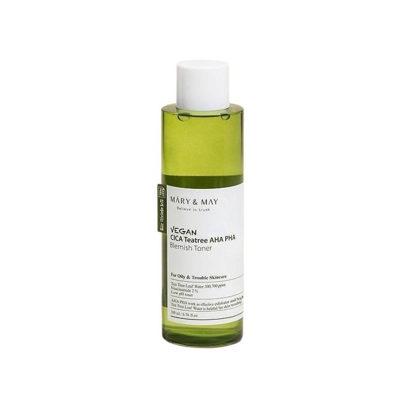 Mary & May Vegan CICA Tea Tree AHA PHA Toner facial vegan cu ANA și PHA, Centella și Tea Tree Volum 200 ml