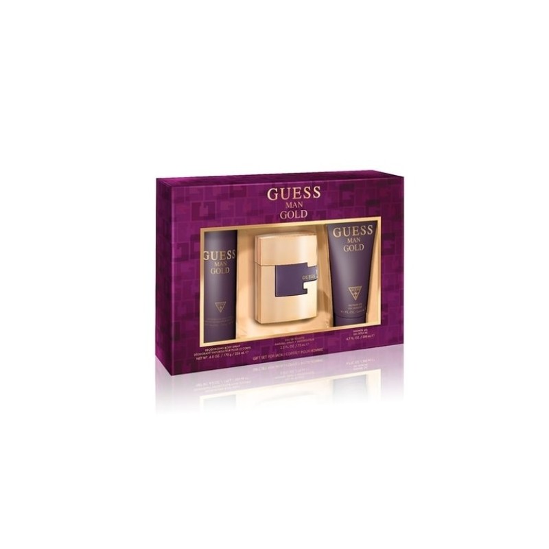 Guess Man Gold Set cadou pentru bărbați Volum EDT 75 ml + spray deodorant 226 ml + gel de duș 200 ml