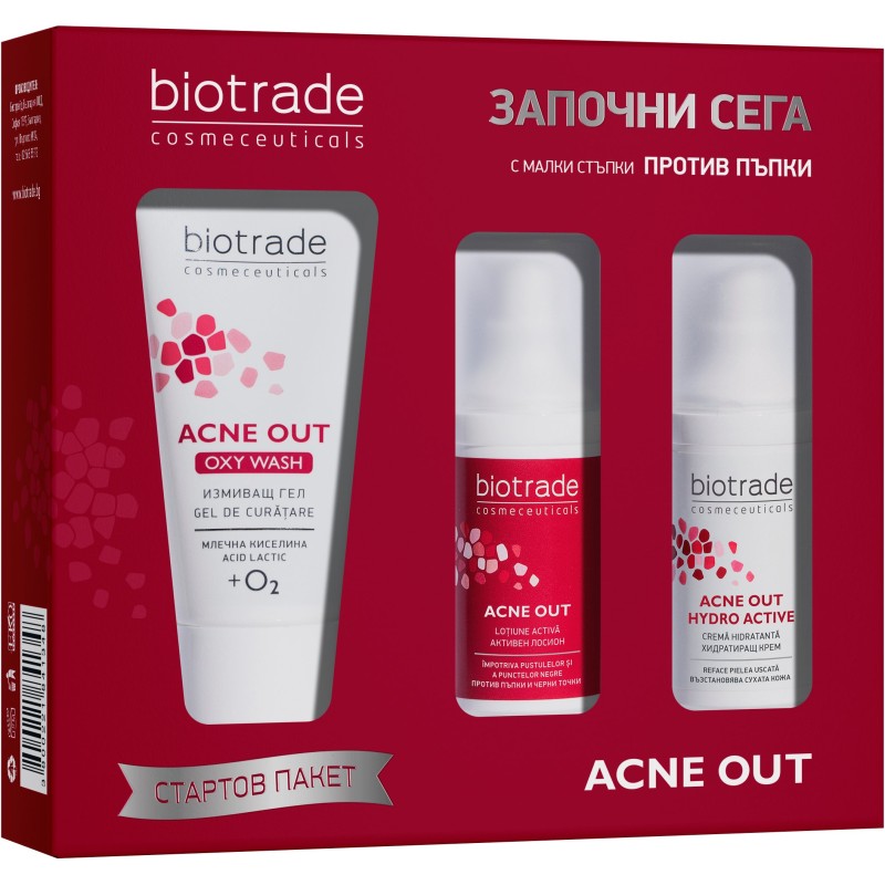 Biotrade Acne Out Pachet de început Volum Oxy Wash + Loțiune activă + Cremă hidratantă