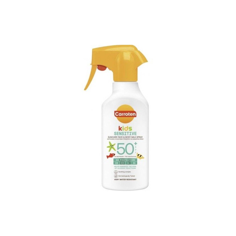 Carroten Kids Sensitive – Loțiune solară sub formă de spray pentru copii, pentru față și corp, SPF 50+ Volum 270 ml