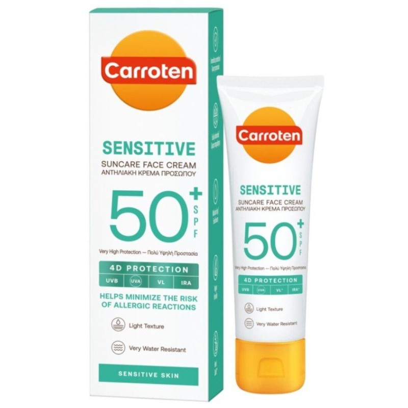 Carroten Sensitive Cremă de protecție solară pentru față, destinată tenului sensibil, SPF50+ Volum 50 ml
