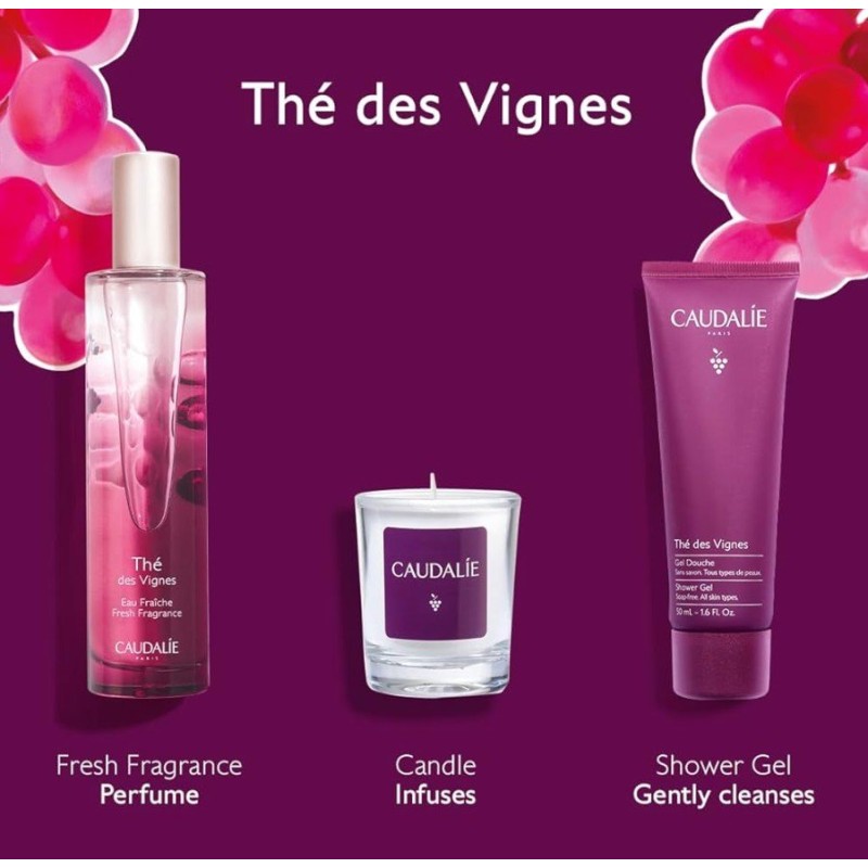 Caudalie Thé Des Vignes Set cosmetic Volum Parfum fresh 50 ml + gel de duș 50 ml + lumânare parfumată 35 g